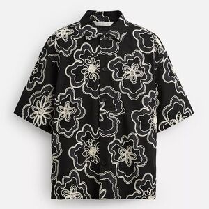 Zara Embroidered Black and White Floral Men's Shirt Medium NWT Vacation